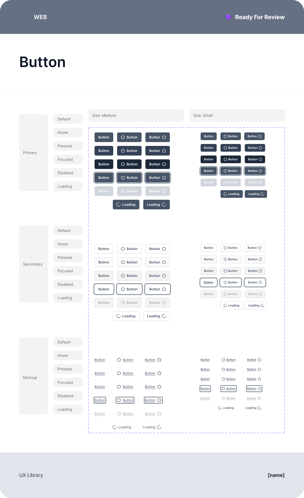 Button component from UX design system showing all variants and states