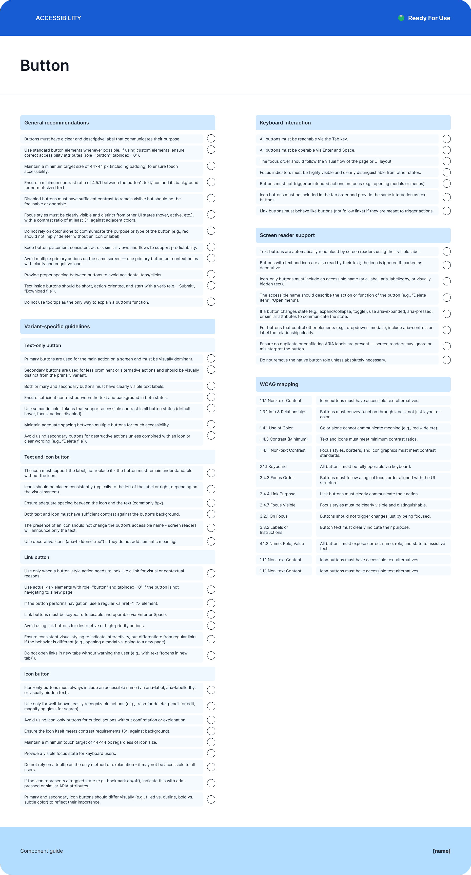 Accessibility component guide for Button with recommendations, keyboard interactions, and screen reader support