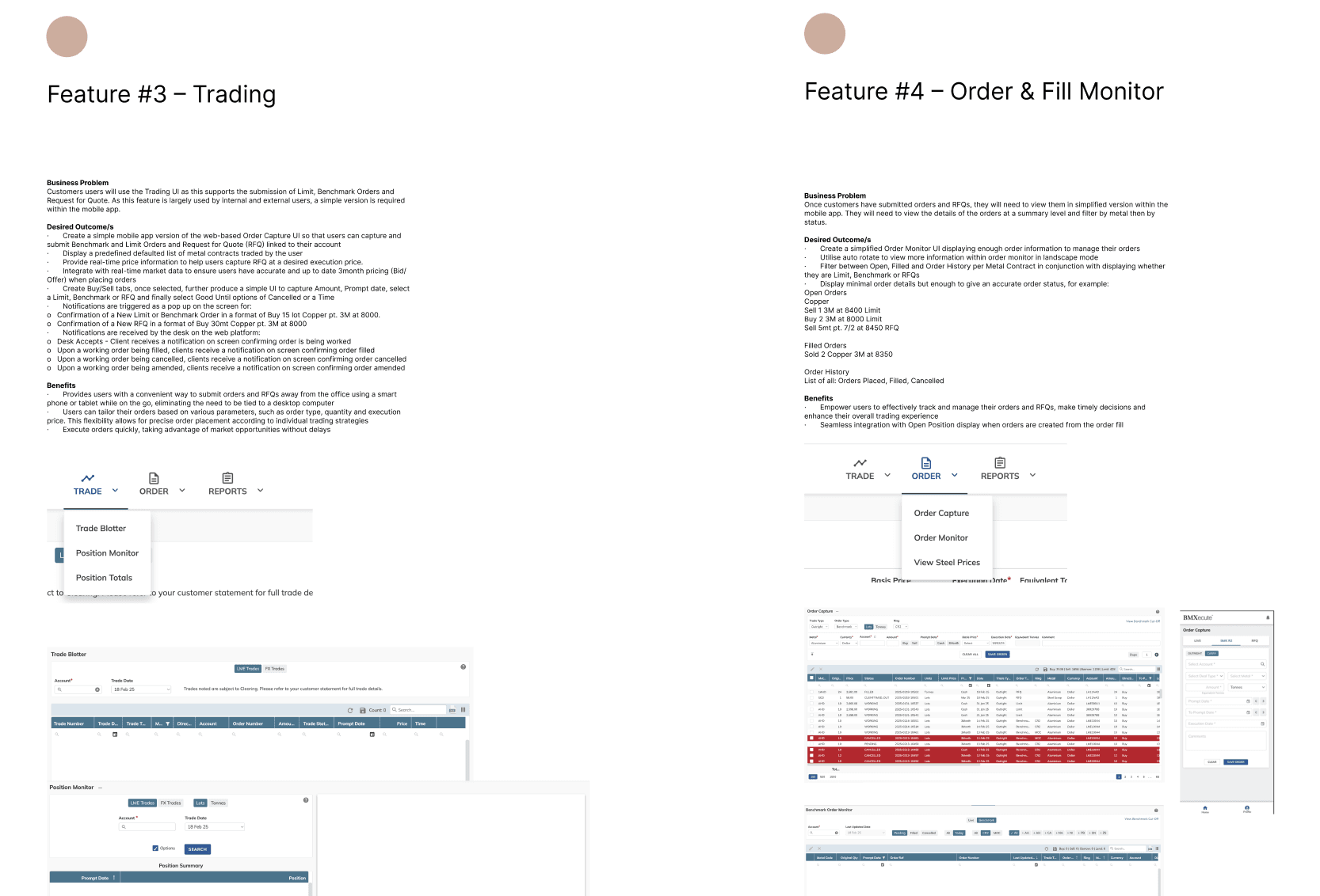 Business requirements document showing Feature 3 Trading and Feature 4 Order & Fill Monitor with goals and user flows