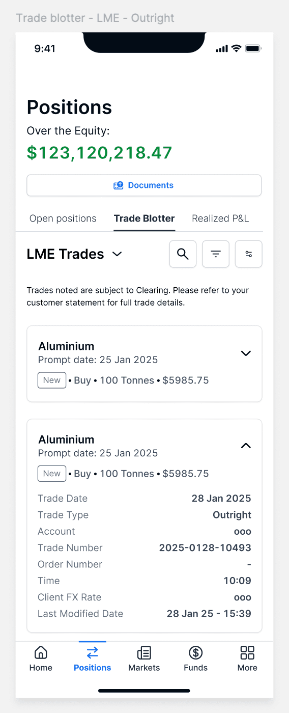 Final mobile design showing Positions view with trade data and navigation