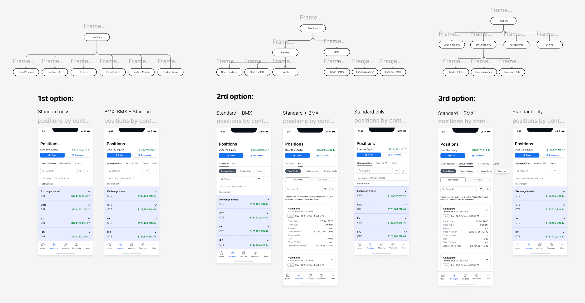 Navigation exploration showing three different options for integrating BMX into the existing platform navigation