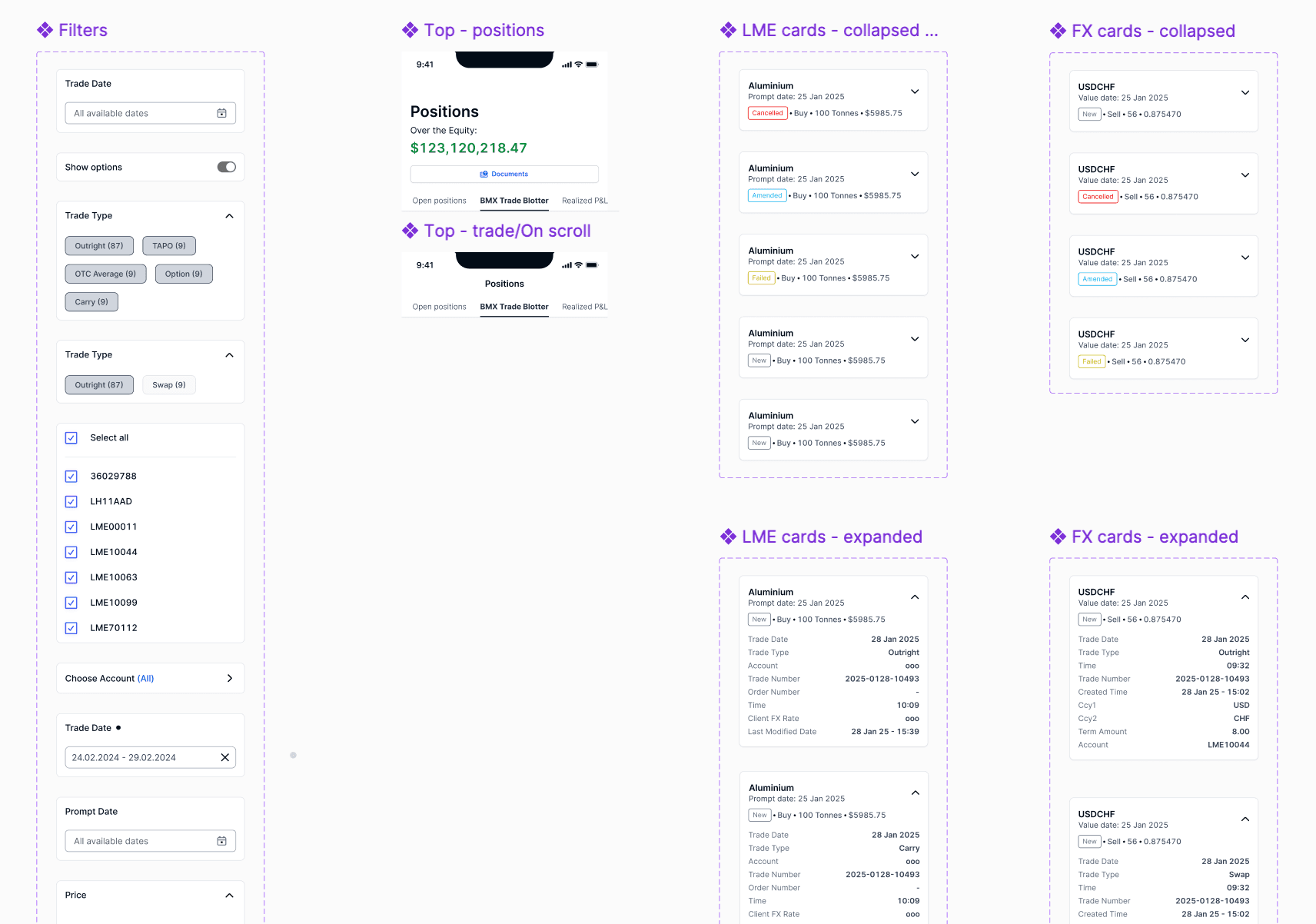 Component set showing filters, position cards in collapsed and expanded states for LME and FX trades