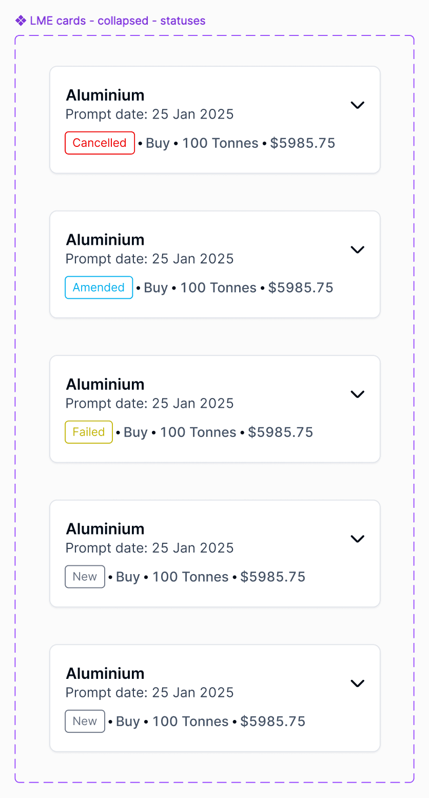 LME position cards in collapsed view showing different statuses - Cancelled, Amended, Failed, New
