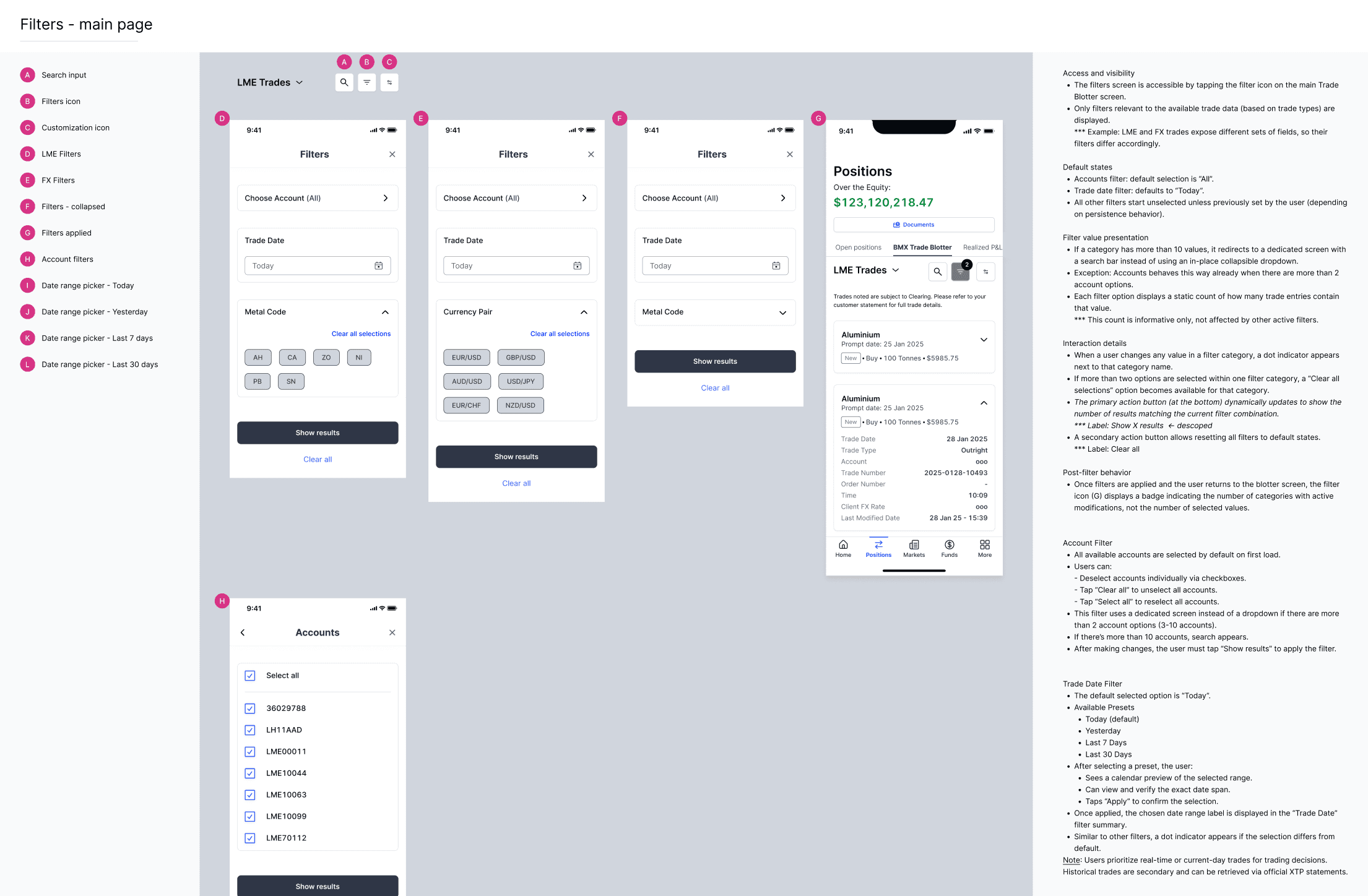 UX specifications for filters showing detailed interaction design with annotations