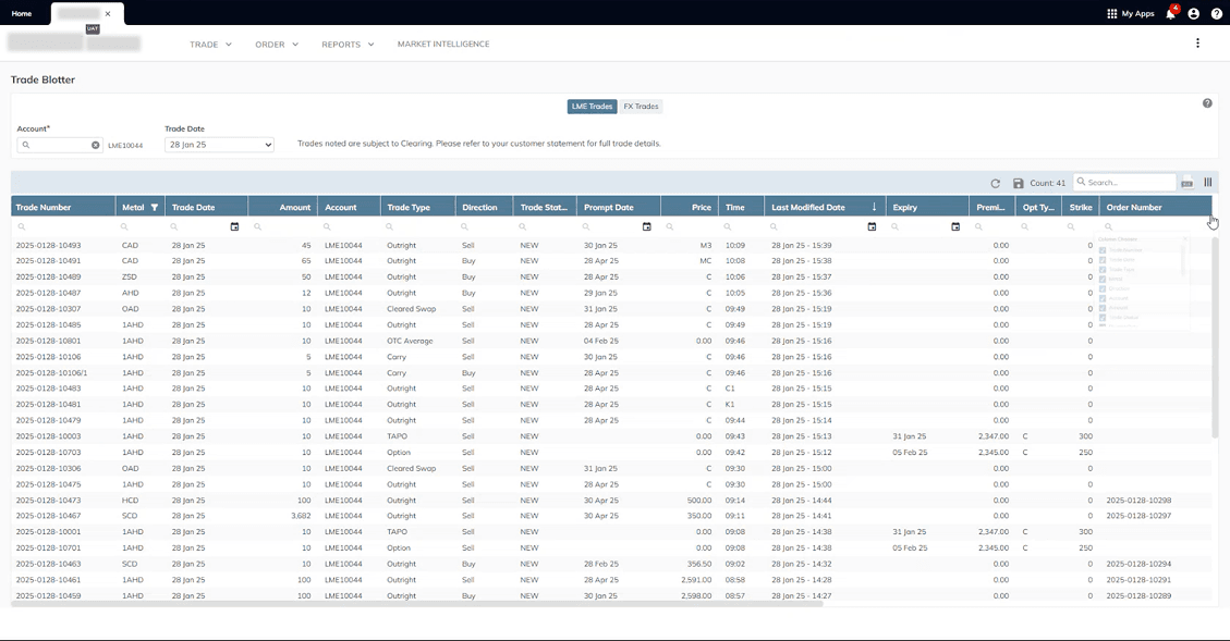 Existing web version of the trading platform showing Trade Blotter with data tables