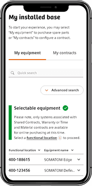 Mobile version showing My Installed Base with equipment selection and functional locations