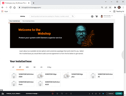 Inherited web prototype showing the Webshop homepage with installed base and product categories