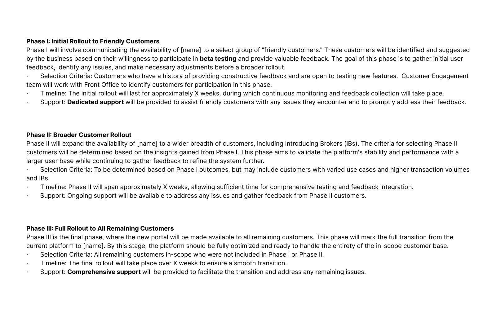 Business requirements document outlining three rollout phases: friendly customers, broader rollout, and full availability