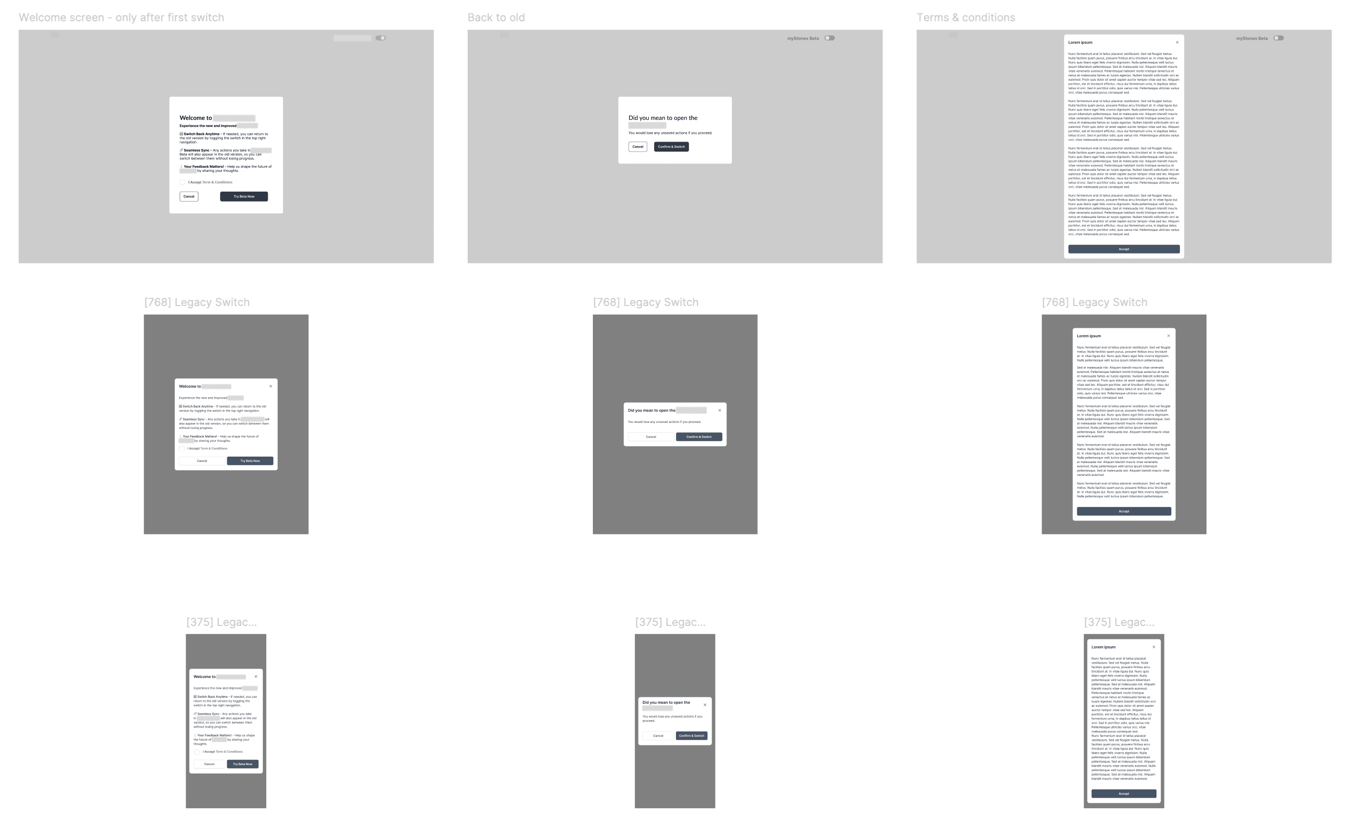 Responsive design components showing welcome screen, version switcher, and onboarding across desktop, tablet, and mobile
